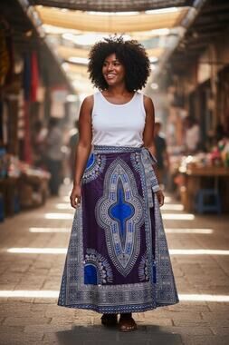 KaraChic NWT African Dashiki Wrap Maxi Skirt OS Cotton Purple Blue Boho